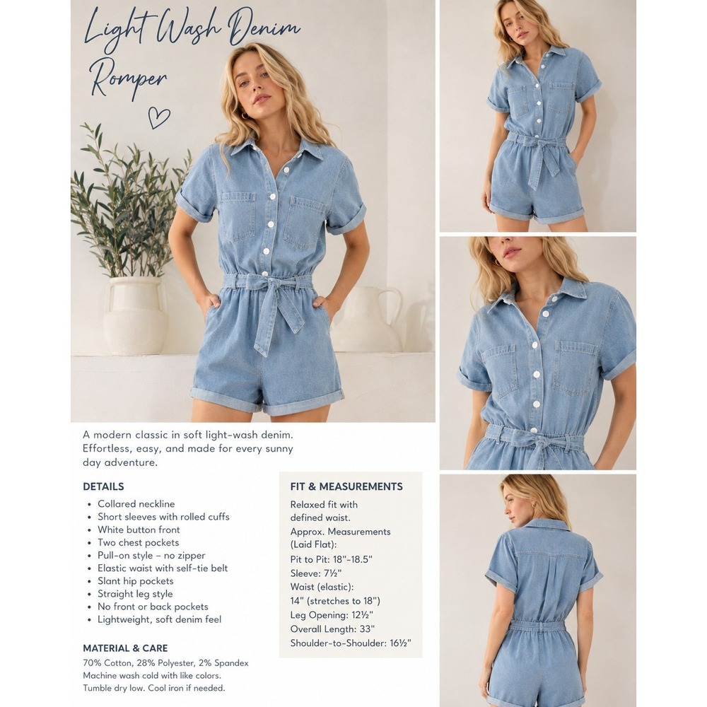 NWT No Comment Denim Romper Womens L Light Wash Belted Stretch Utility Shorts